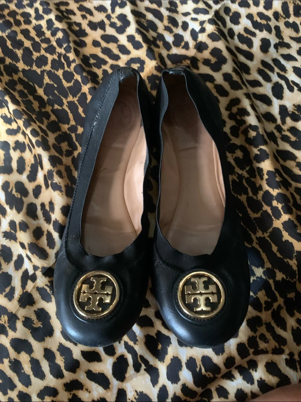 Tory Burch Black Leather Ballet Flats with Gold Logo